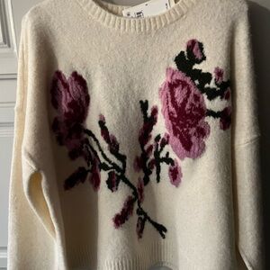 Ted Baker Cream Crewneck Sweater with Pink Floral Intarsia